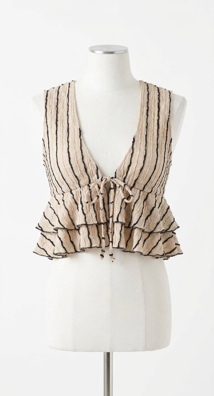 NEW VINTAGE HAVANA sleeveless tie-front textured knit top in light beige